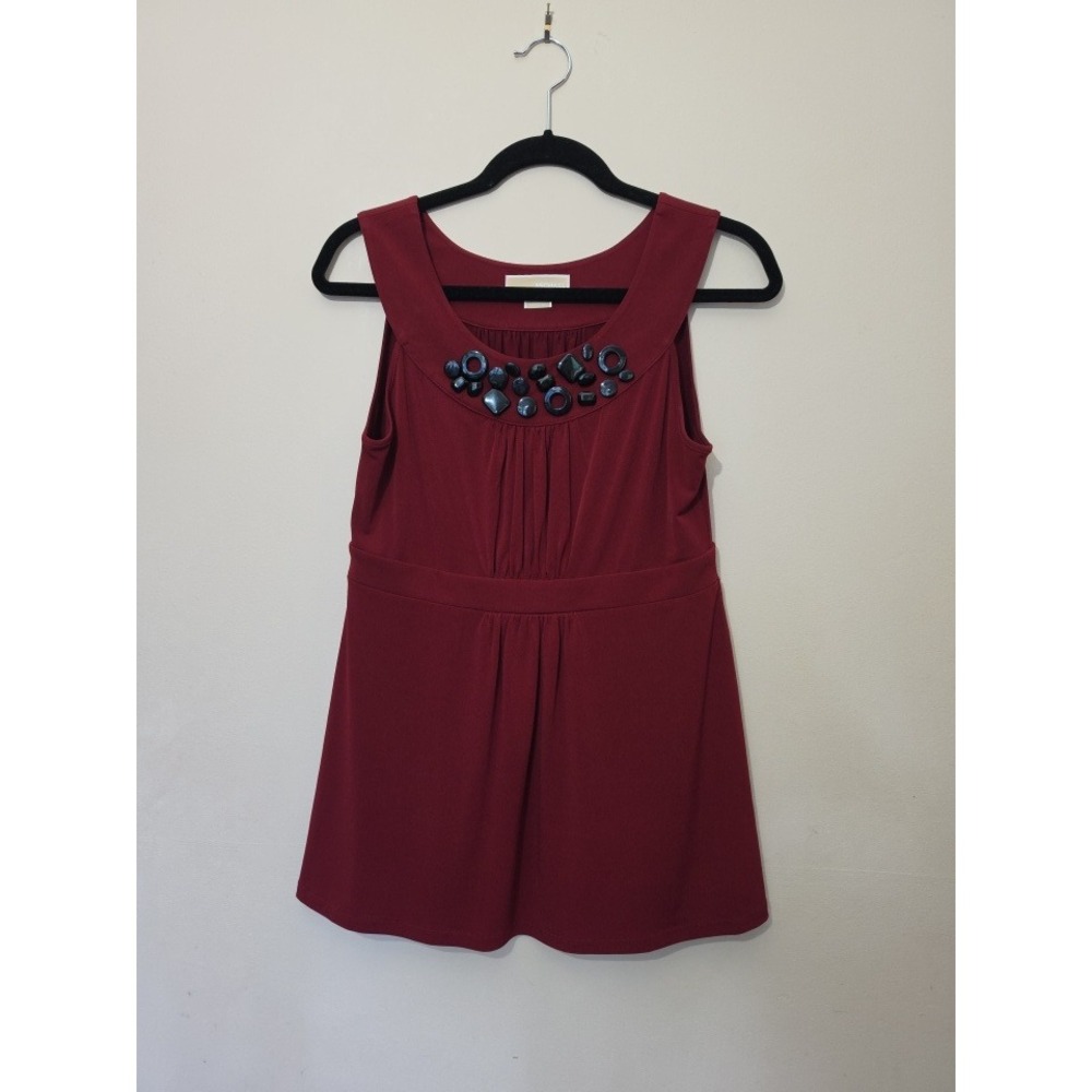 Michael Kors Burgundy Embellished Neck Empire Waist Sleeveless Top Medium